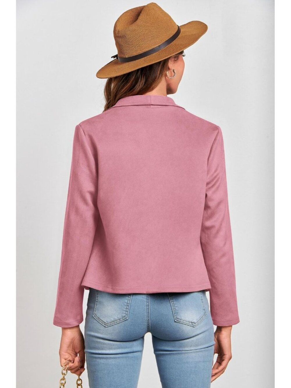 Women’s Pink Faux Suede Waterfall Collar Front Imported Cropped Jacket - Picture 2 of 6